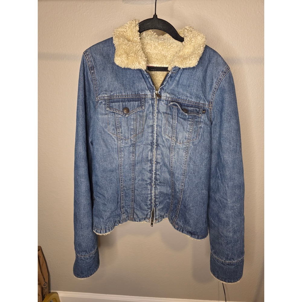 Abercrombie & Fitch Faux Shearling Denim Trucker Jacket Medium Wash Zip Womens